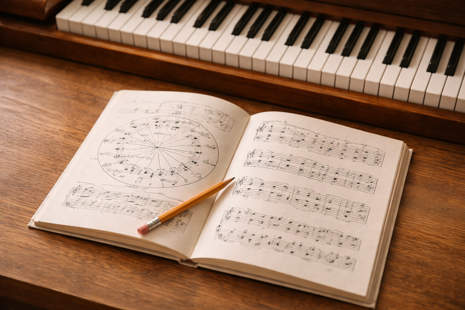 Piano keys and an open music book